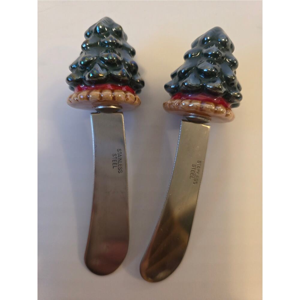 VTG Ganz Christmas Tree Cheese Spreaders Set 2 Stainless Steel No 446050 READ